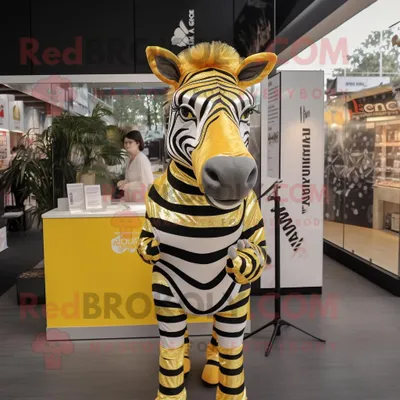 Produktbild von Goldene REDBROKOLY Zebra Maskottchen Kostüm figur bekleidet mit einer Bluse und Ohrringen