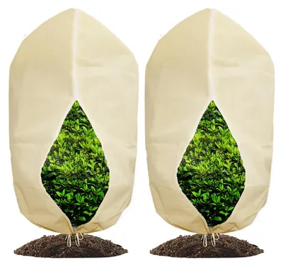 Image de 2 housses d'hivernage pour plantes, respirantes, 85 g/m², protection hivernale pour plantes en pot, housses antigel avec fermeture éclair et cordon de serrage, beige (60 x 80 cm)