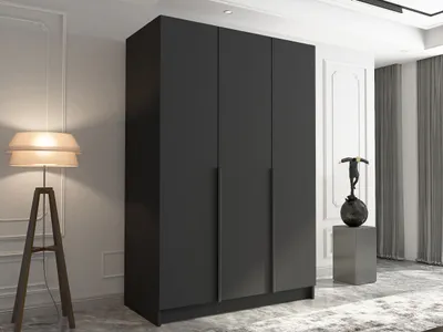 A modern black wardrobe with three doors is shown in a well-lit room with a floor lamp and decorative statue.