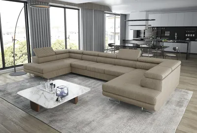 Produktbild von GOLDSTOFF ASTON U-Sofa mit Schlaffunktion und Bettkasten – Ecksofa U-Form mit Komfort-Polsterung & XXL Wohnlandschaft | Schlafsofa mit Stauraum Greige