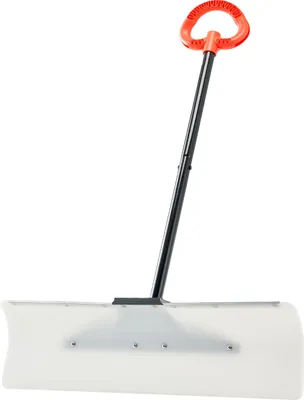 A snow shovel with a wide blade and an orange ergonomic handle, isolated on a white background.