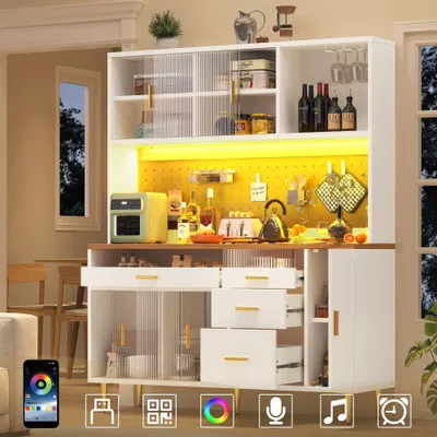 Produktbild von Wohnzimmerschrank mit LED-Leuchten und Lochregalen für Küche und Esszimmer, Hoher Schrank in modernem Design, Weiß ,145×39×171 cm