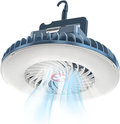 Zdjęcie produktu dla Lampa kempingowa LED z wentylatorem, ładowana przez USB, wentylator kempingowy z oświetleniem, oświetlenie namiotu, latarka ręczna, przenośny sprzęt kempingowy (niebieski)