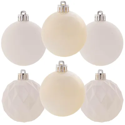 6 Kunststoff-Weihnachtskugeln, Weiß, Weihnachtsbaumschmuck