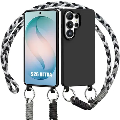Image de Coque pour Samsung Galaxy S26 Ultra, Protection Silicone Souple Noire avec Cordon Noir Blanc