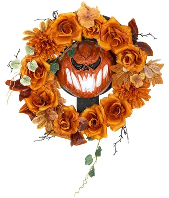 Produktbild von Halloween-Kranz mit gruseligem Kürbis und LEDs | Farbe: Orange | Abmessungen: 44x9x44 cm