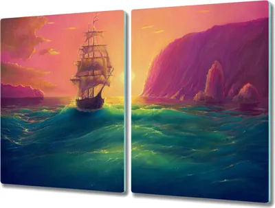 Produktbild von Coloray Hackbrett Küchenbrett Kochplattenabdeckung Schneidebrett Herdabdeckplatte 2x40x52 cm - Seeschiffe Sonnenuntergang