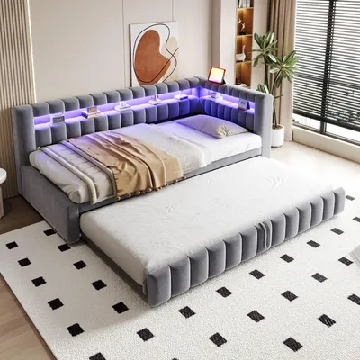 Image de Lit Flieks 90x200 cm avec lit tiroir (90x190 cm), canapé-lit de jour avec port USB et revêtement en similicuir, lit pour adolescents/enfants avec sommier à lattes, en velours, de couleur gris foncé