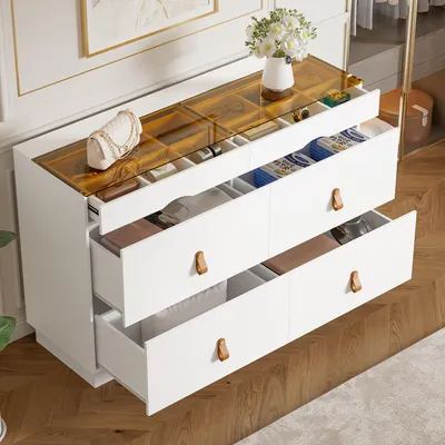 Produktbild von Sideboard aus ESG-Sicherheitsglas, Kommode mit 6 Schubladen & Schminktisch mit Facheinteilung, kippsicherer Hochschrank, B120 x T40 x H78cm, weiß