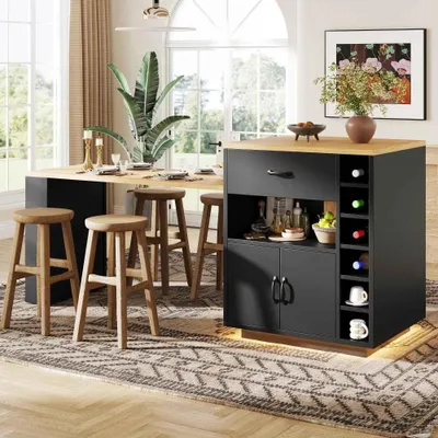 Obrázek produktu pro Moderní kuchyňský vozík s LED osvětlením, bufetová skříňka, výsuvný stůl, 2 zásuvky, 4 dvířka, do kuchyně a baru, černý