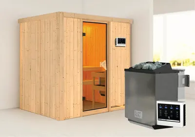 Produktbild von Elementsauna Karibu Bodina inkl. 9 kW  Ofen u.ext.Steuerung ohne Dachkranz mit bronzierter Ganzglastüre