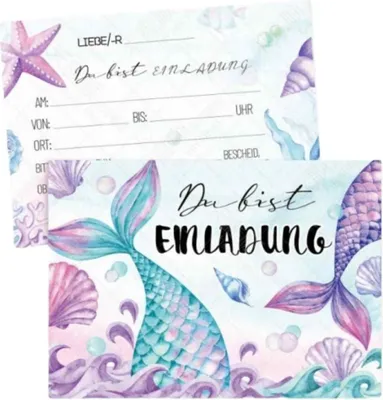 Produktbild von Meerjungfrau Kindergeburtstag Party Mitgebsel Set, 14 Einladungskarte für Mädchen Kindergeburtstag, Tattoos und Stempel für Kinder Mädchen Meerjungfrau Party Gastgeschenk