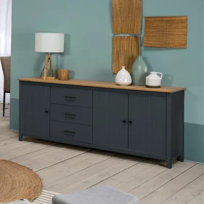 Immagine prodotto di Credenza Miranda in legno massiccio colore blu e pino 191x40x80H - 3 Ante e 3 cassetti