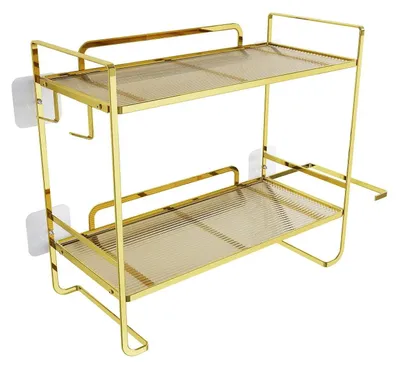 Produktbild von Badezimmer Regal über Toilette - 2-stöckiger wandmontierter Organizer - Metall Ablage mit Toilettenpapierhalter und Haken - Bohrenfrei - Gold