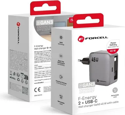 Produktbild von Forcell, 2-in-1 Ladegerät 45W GaN III USB-C mit einziehbarem Kabel, Schwarz