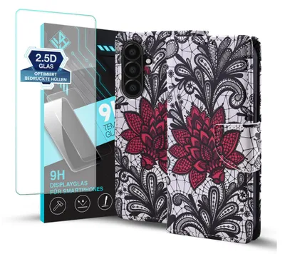 Produktbild von Handy Hülle für Samsung Galaxy A17 / A17 5G mit 9H Displayglas Klapphülle Bookcase Flip Cover Handy Tasche Etui Motiv: Seerose Blumen