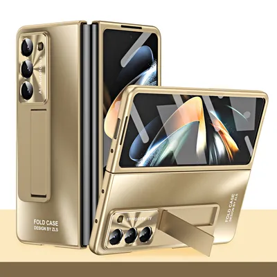 Immagine prodotto di Custodia per Samsung Galaxy Z Fold 5 galvanizzata rigida con supporto e protezione dello schermo, protezione dell'obiettivo Oro