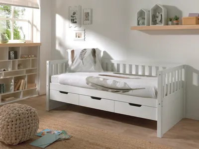 Produktbild von Vipack - Kojen Bett Fritz mit Sprossenumrandung, 3 Schubladen u. Rolllattenrost, Liegefläche 90 x 200, Ausf. Weiß lackiert