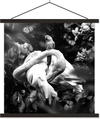 Produktbild von MuchoWow® Textilposter Pflanzen - Flamingo - Dschungel - Schwarz - Weiß 40x40 cm mit schwarzem Rahmen - Fotos