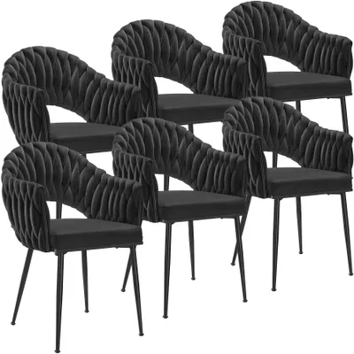 Produktbild von tectake® Esszimmerstuhl 6er Set, Samtbezug, geflochtene Arm und Rückenlehne, gepolsterte schwarze Metallbeine, in schwarz