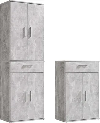 Produktbild von mokebo® Mehrzweckschrank Set 2-teilig 'Die Allzweckwaffe', Schrank-Set mit Midischrank & Hochschrank in Betonoptik bzw. Grau, nutzbar als Aktenschränke, Büroschränke oder Allzweckschränke