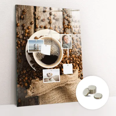 Obrázek produktu pro Magnetická Tabule na Zeď Skleněná - Memo Board Kleněnou Přední Stranou - 5 magnetů v balení - 70x100 cm - Šálek kávy