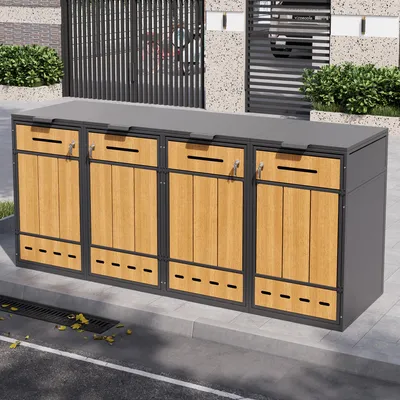 Immagine prodotto di Contenitore per bidoni della spazzatura - Grigio, aspetto legno, acciaio, per 2 bidoni, con serratura, ventilato