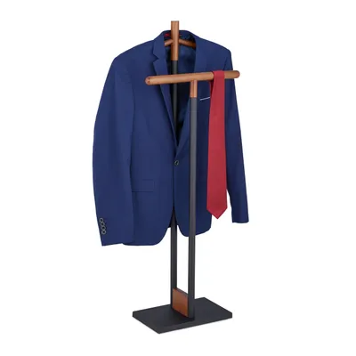 Image de Porte-vêtements Relaxdays pour vestes et pantalons, dimensions : 112 x 47 x 20 cm, acier et bois, modèle sur pied, noir/marron