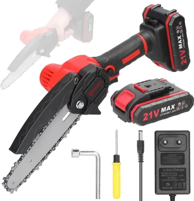 Produktbild von Akku Mini-Kettensäge - 21V Astsäge - 15 cm Schwert - Bürstenloser Motor - 2 Akkus - Einhandbedienung - Tragbar - Rot