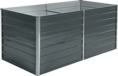 A dark gray metal raised garden bed is shown from a slightly elevated angle against a light gray background.