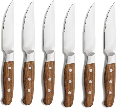 Produktbild von 6er Set Comas Steakmesser Holzgriff Edelstahl Steakbesteck Grillbesteck Messer Messerset Pizzamesser Silber Braun Aconcagua Chuleteros HQ matt