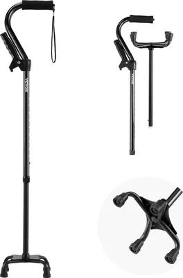 Produktbild von SucceBuy Quad-Gehstock, 10-fach höhenverstellbarer Gehstock mit stabiler 4-zackiger Basis, leichte tragbare Mobilitätshilfe aus Aluminium für Senioren, Erwachsene, Männer, Frauen, 250 Pfund Tragkraft