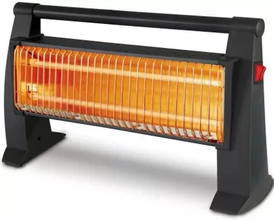 A black electric heater with orange heating elements is shown against a white background.