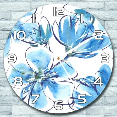 Produktbild von Wanduhr aus Glas Rund fi 30 Blaue Blumen Quarz Deko Wohnzimmer Büro