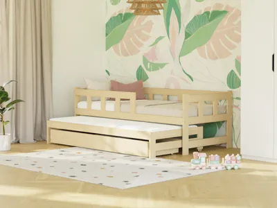 Produktbild von Einzelbett FENCE 90x200 3-in-1 mit Barriere, Ausziehbett und Aufbewahrungsschublade Transparente matte Wachslasur, Mit einem Rausfallschutz links