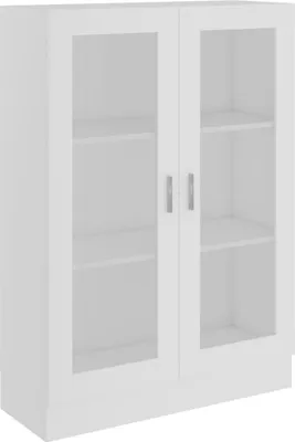 A white display cabinet with glass doors and silver handles, shown from a slight angle.