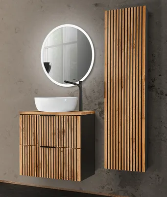 Produktbild von Badmöbel Set schwarz gerillt mit Waschtisch 60 cm, Hochschrank XANTEN-56 in anthrazit mit Eiche Nb., B/H/T: 110/200/46,5 cm