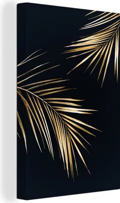 Produktbild von MuchoWow® - Leinwandbilder - Blätter - Pflanzen - Gold - Schwarz - Luxus, Wandbild, Wanddeko Bilder Wohnzimmer, 40x60 cm