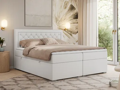 Produktbild von MKS MEBLE Boxspringbett 200x200 mit Bettkasten, Polsterbett 200x200 mit Matratze H4 Topper, Boxspringbett 200x200, Polsterbett 200x200, Bett 200x200 mit Kopfteil - Weiß Kunstleder - H4 - JASIR