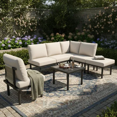 Produktbild von Flieks Gartenlounge Set 6 Sitzer, Gartenmöbelsets mit Eisenrahmen, Gartentisch mit Gartensofa für 6 Personen, Terassenmöbel Balkonmöbel Set, Beige