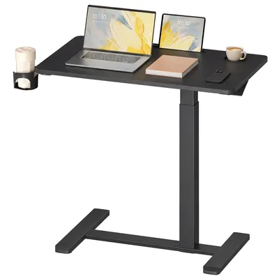 Produktbild von VASAGLE Stehtisch, Beistelltisch mit Rollen, 80 x 45 cm Tischplatte, verstellbar, 2 Getränkehalter, schwarz