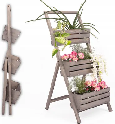 A wooden plant stand with three tiers, filled with various plants and flowers, displayed against a white background. The stand is shown in both an open and a folded state.