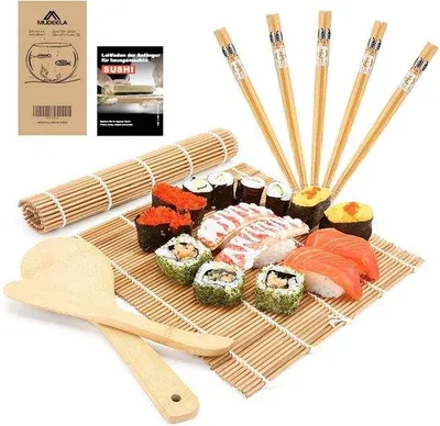 Produktbild von Unyqoos® Bambus-Sushi-Set – 2 schimmelhemmende Sushimatten (100% Bambus, mit Kohlensäure behandelt), 1 Reislöffel, 1 Spatel, 5 Paar Essstäbchen, Einsteiger-Set