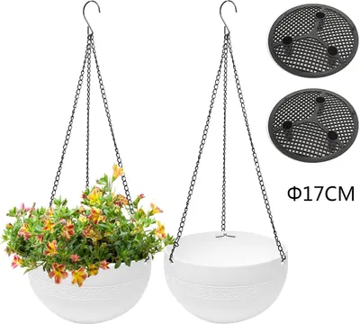 Immagine prodotto di 2 vasi da fiori sospesi con foro di drenaggio, vasi da fiori sospesi con catene in acciaio inossidabile, vasi sospesi per interni ed esterni, soffitti, balconi e decorazioni murali, bianco, Φ17 cm