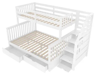 Obrázok produktu pre Detská poschodová posteľ - Posteľ s poschodím - 90 x 200 cm a 140 x 200 cm - S zásuvkami - Schodisko s úložným priestorom - Bez matracóv - Biela