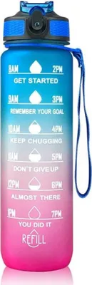 Produktbild von Sport Trinkflasche 1 Liter, Trink Motivation, Strohhalm & Shaker Ball, Fitness, Schule, Ausflug, Büro, leicht, auslaufsicher, robust (Blau/Pink)