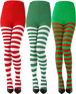 Produktbild von Weihnachtsstrumpfhosen mit Streifen, lange Strumpfhose, schenkelhohe Strümpfe für Weihnachts- und Halloweenkostüme-3 Stück