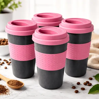 Produktbild von 4 Kafeebecher Coffee to Go Becher Mehrweg Kaffee Tee Wiederverwendbar Grau Pink