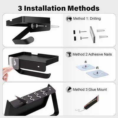 Produktbild von Famanu Toilettenpapierhalter mit Ablage – Wandmontage, Aluminium, selbstklebend oder Schraubmontage, mattschwarz