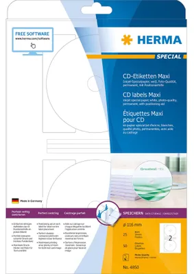 Immagine prodotto di HERMA Inkjet CD-Etiketten A4 weiß 116 mm Papier 50 St.